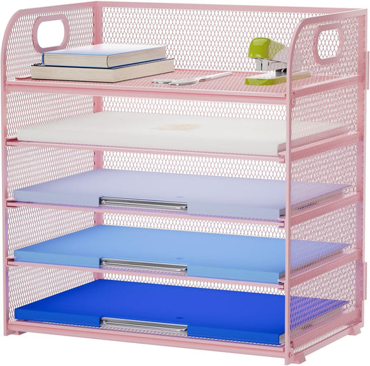 Marbrasse Paper Organizer Letter Tray, 5 Tier Mesh File Organizer with Handle, Paper Sorter Desk Organizer for Home Office Supplies - Pink