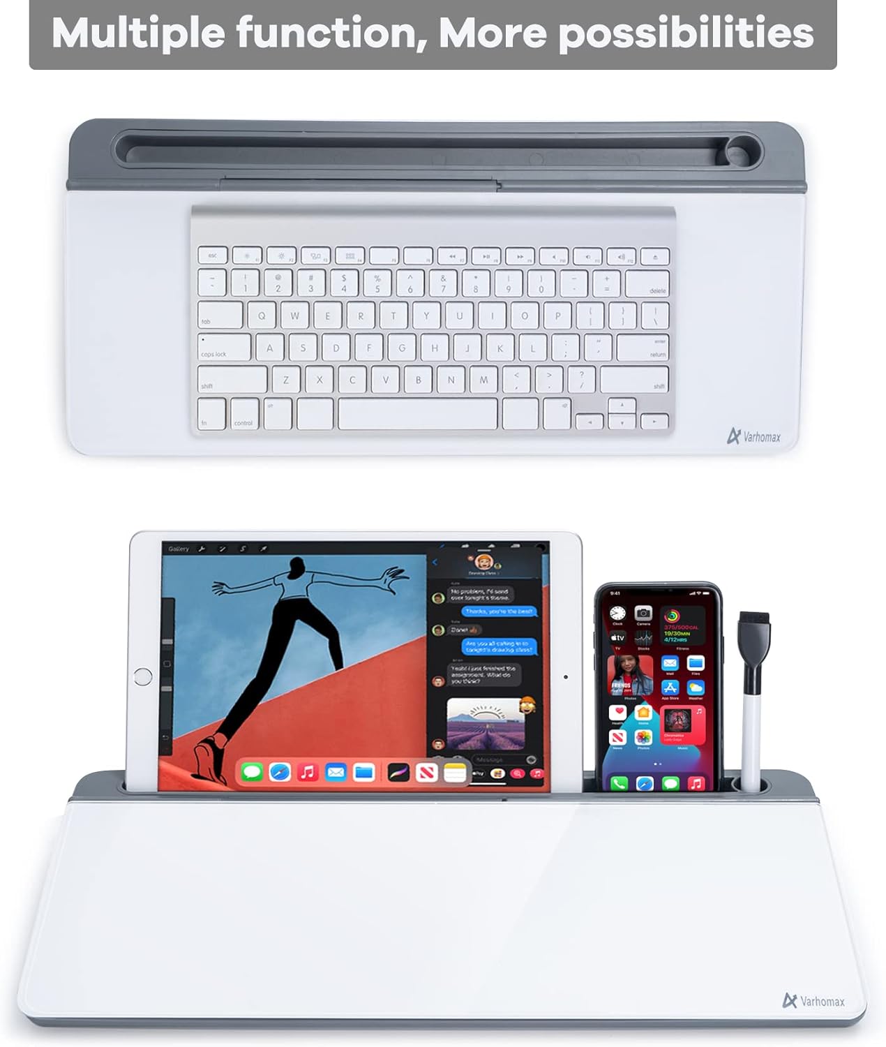 Varhomax Glass Desk Whiteboard with Storage, Desktop Organizer to-do List Memo Notepad Dry Erase White Board for Home Office and School Supplies (Gray)