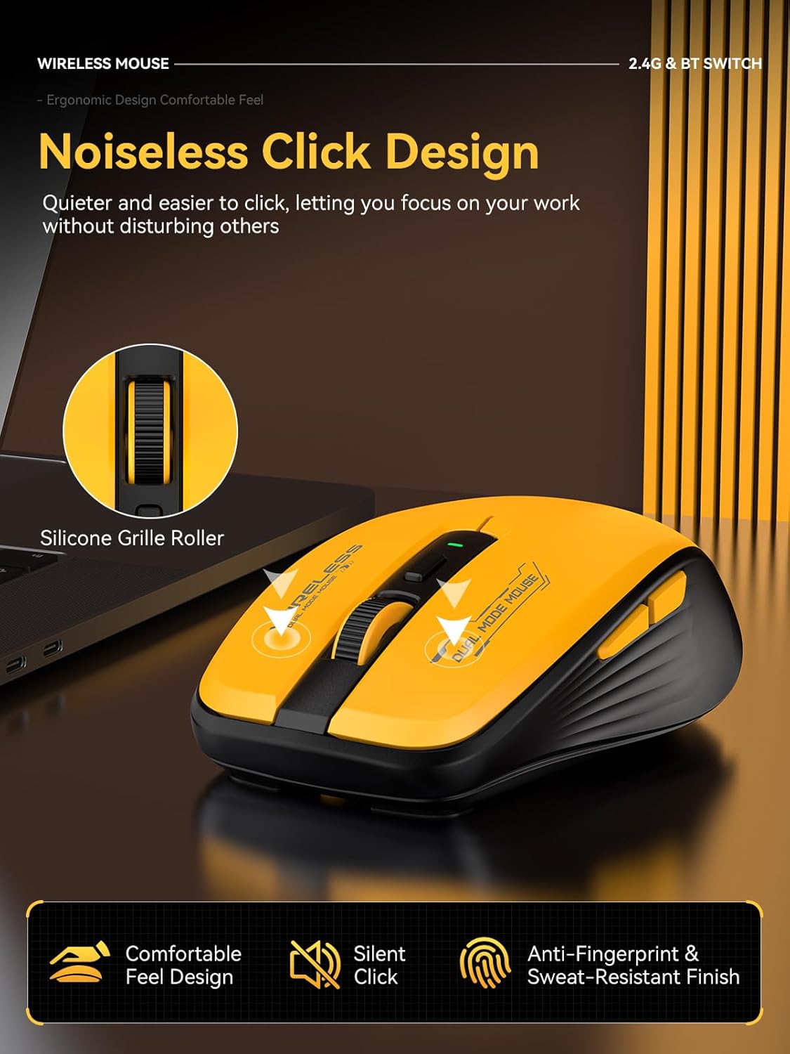 Wireless Mouse (Bluetooth & 2.4GHz USB) with Forward/Backward Side Keys, Silent Click, Ergonomic Portable AA Battery Mice for Laptop/Mac/iPad - Office & Travel Use, Yellow & Black