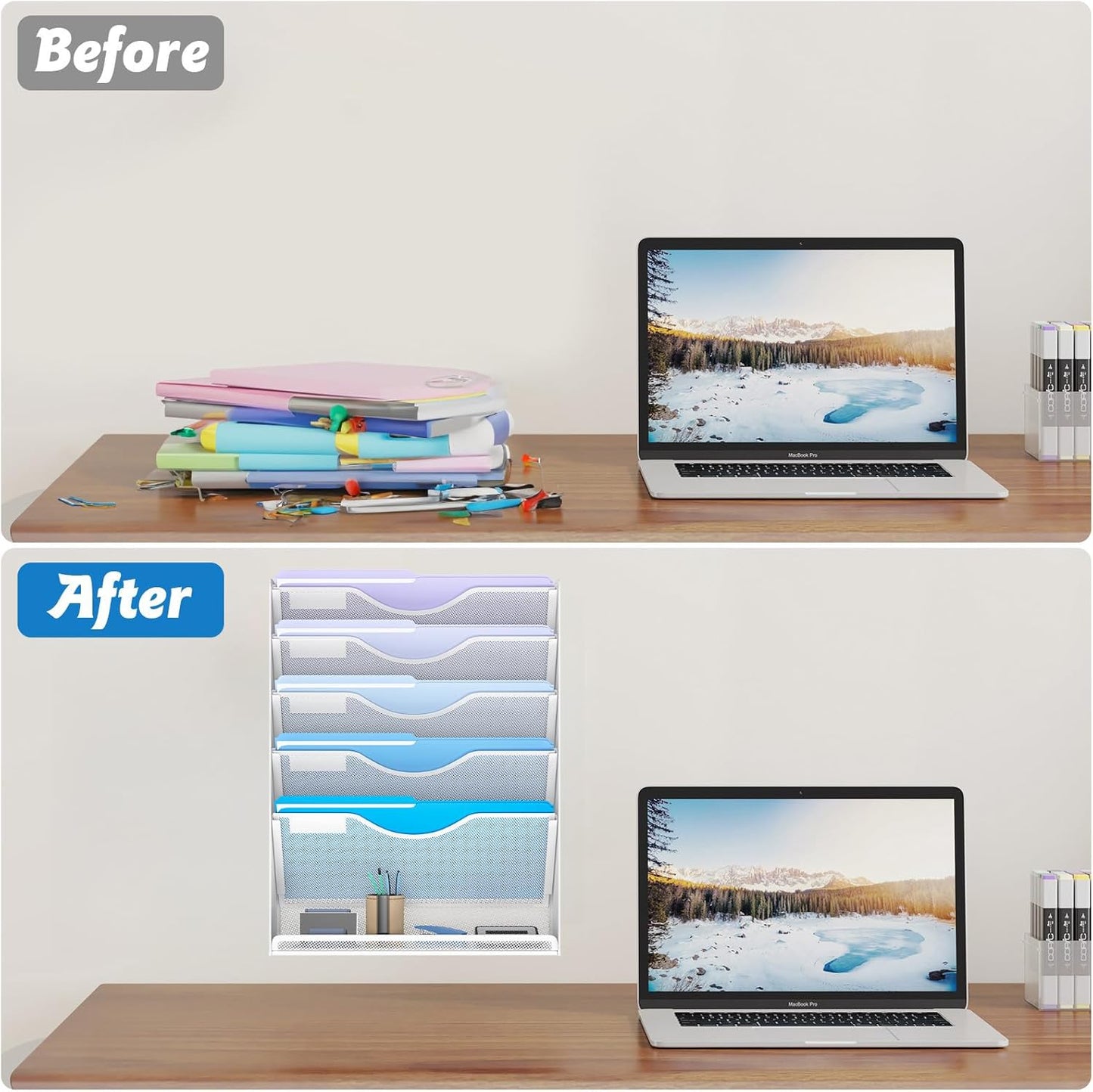 6 Tier Hanging File Organizer, Mesh Wall File Holder Paper Folder Rack with Bottom Flat Tray for Office Home, White