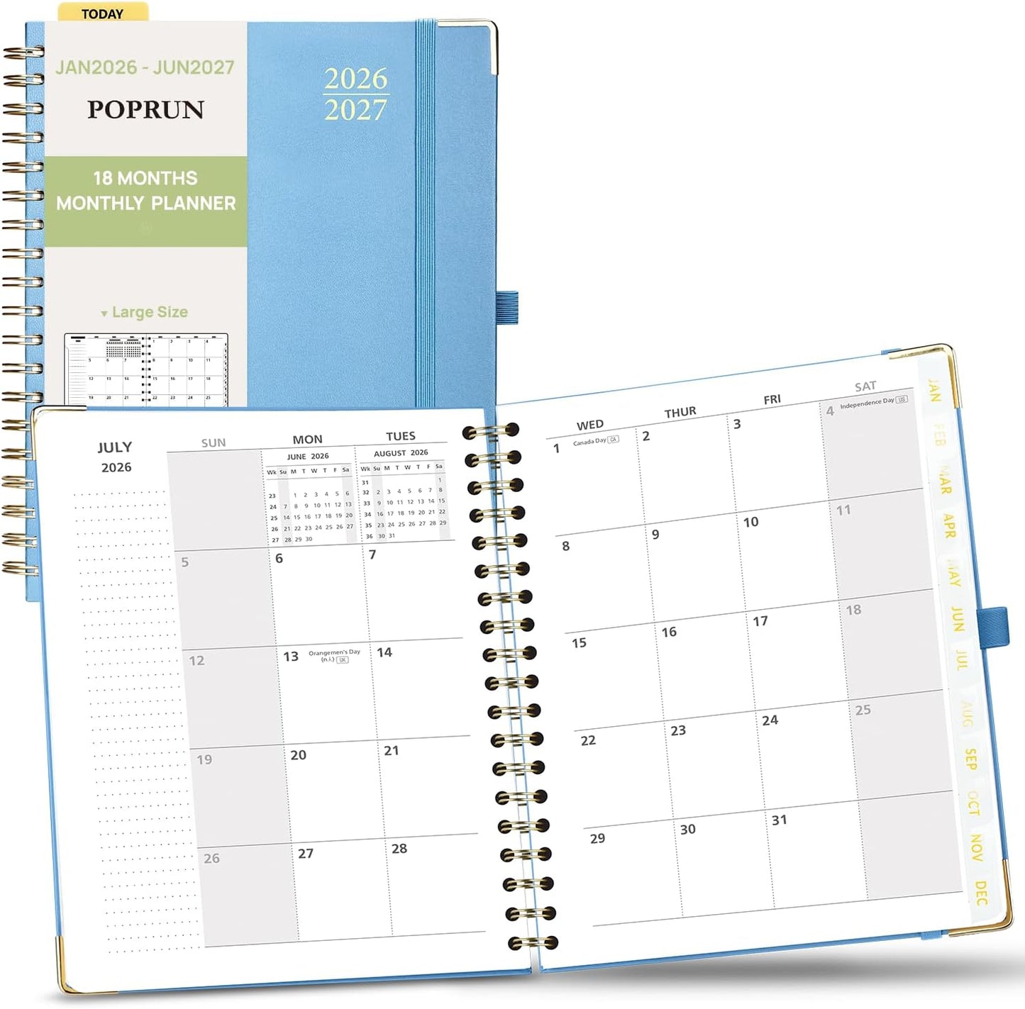 POPRUN Monthly Planner 2026-2027 Spiral Hardcover (8'' x 10''), 18 Months Calendar (Jan.2026-Jun.2027) - 2 Pages per Month with Dotted Note Pages, Sunday Start, Laminated Tab - Haze Blue