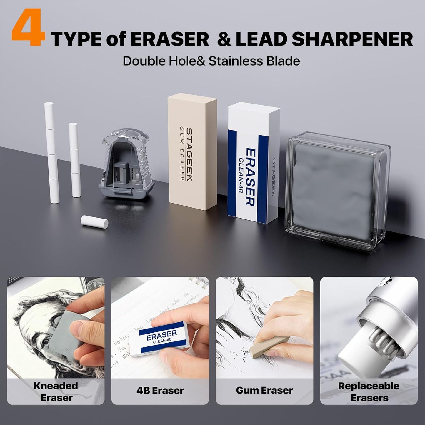 35Pcs Art Mechanical Pencil Set with Case, 0.5 0.7 0.9 2.0 Graphite Metal Drawing Drafting Pencils, Sharpener Erasers 384PCS Lead Refills (6B 4B 2B HB 2H 4H Colors)Pencils for Writing Sketching,Silver