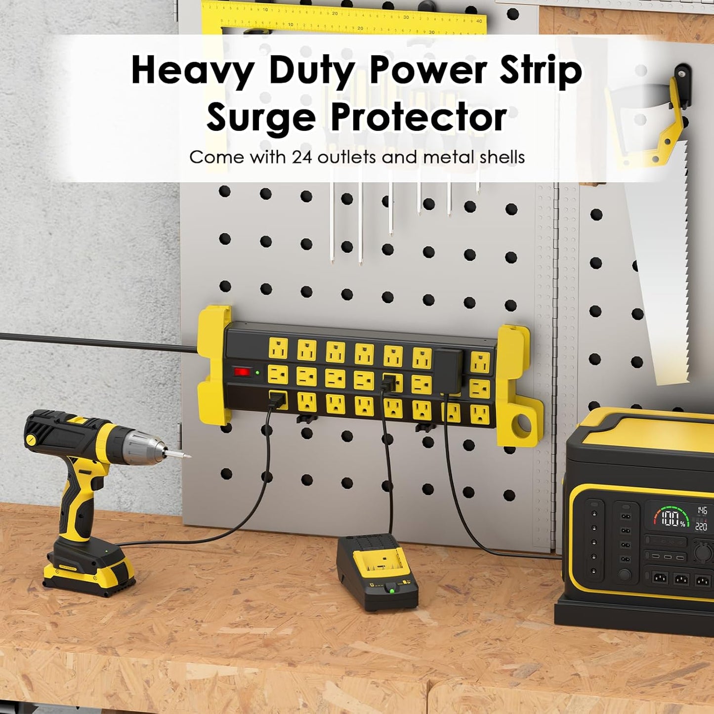 HHSOET Heavy Duty Power Strip with Surge Protection, Industrial Commercial Metal 24 Outlets Wall Mount for Garage Shop, 15 Amp, Switch, 6FT Extension Cord, Black.
