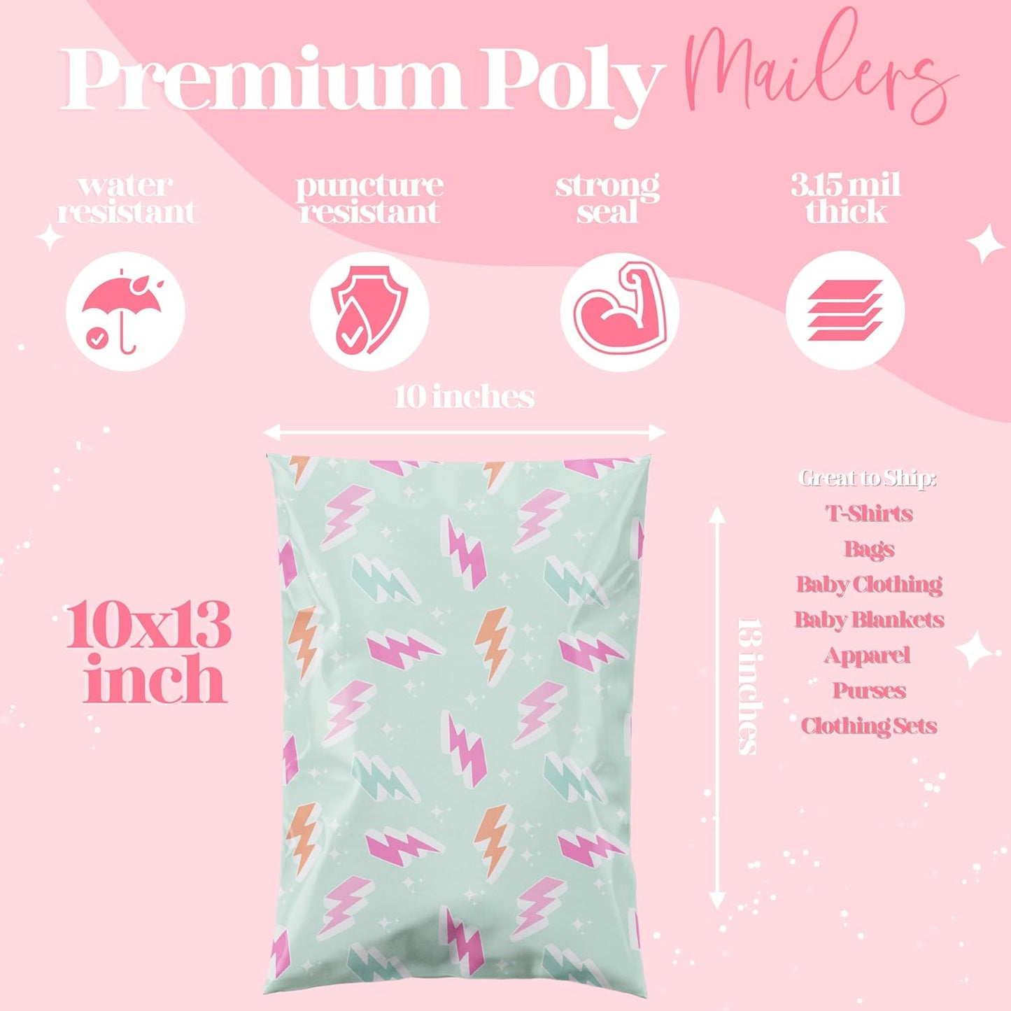 14.5x19 Designer Poly Mailer 100 Pack Heavy Duty Waterproof Self Seal Shipping Bags for Small Business Large Mailing Envelopes Bulk Tear Resistant Cute Packaging Lightning Bolt