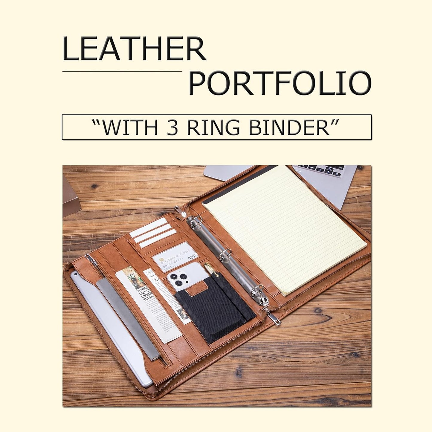 Personalized Leather Portfolio with 3 Ring Binder, Vegan Leather Padfolio Zippered, A4 Notebook Holder Customized Business Folder Organizer Gift for Men and Women, Brown