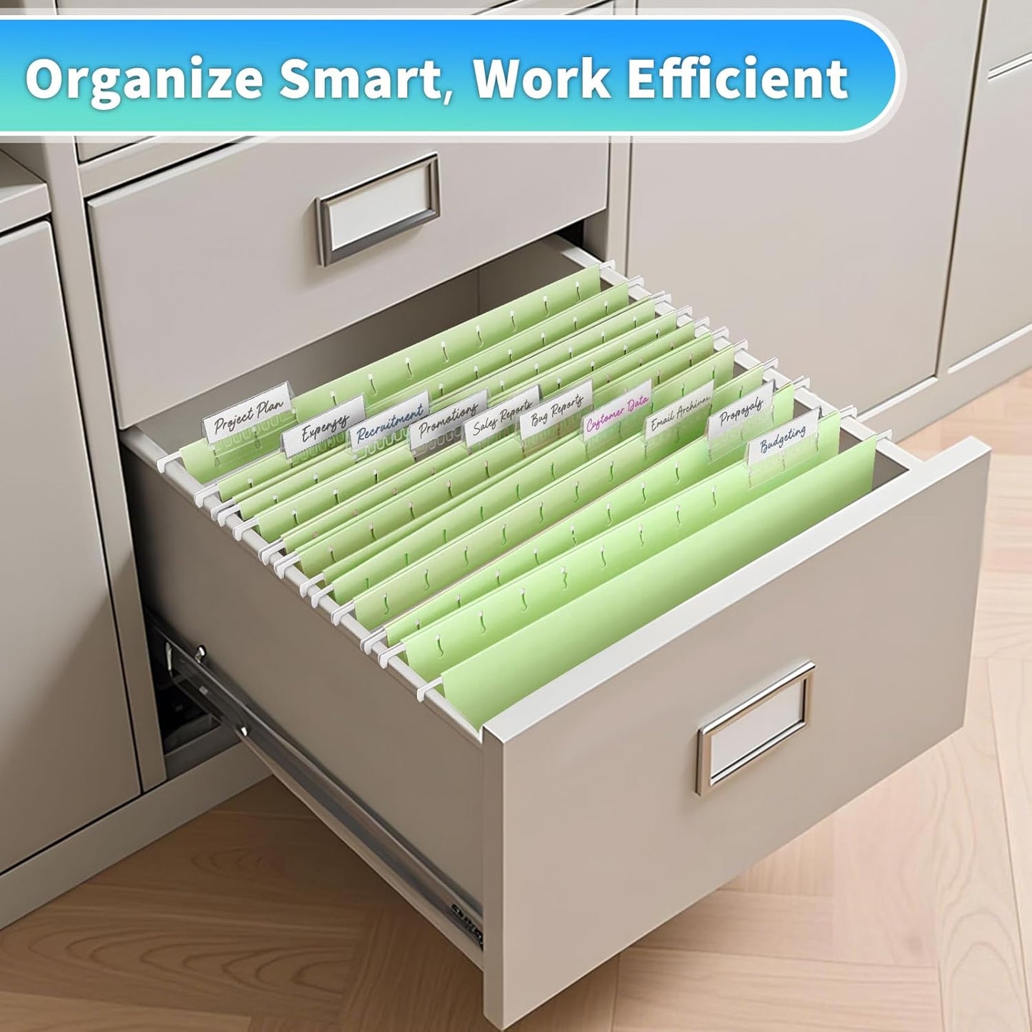 25-Pack Green Hanging File Folders, Letter Size (8.5" x 11") with 1/5-Cut Tabs,Includes 35 Transparent Label Cards & 50 Sticker Labels for Home & Office Organization