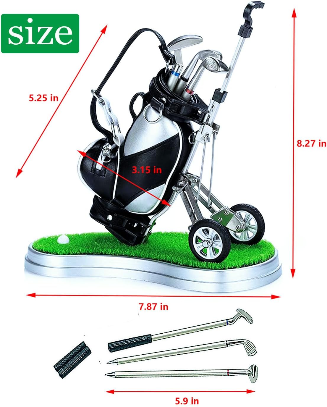 Golf Pen Holder with 3 Club Pens and Movable Golf Cart, Mini Golf Bag Desk Decor for Office, Funny Golf Gifts for Men, Dad, Boss - Stocking Stuffers for Golfers on Birthday, Christmas, Fathers Day