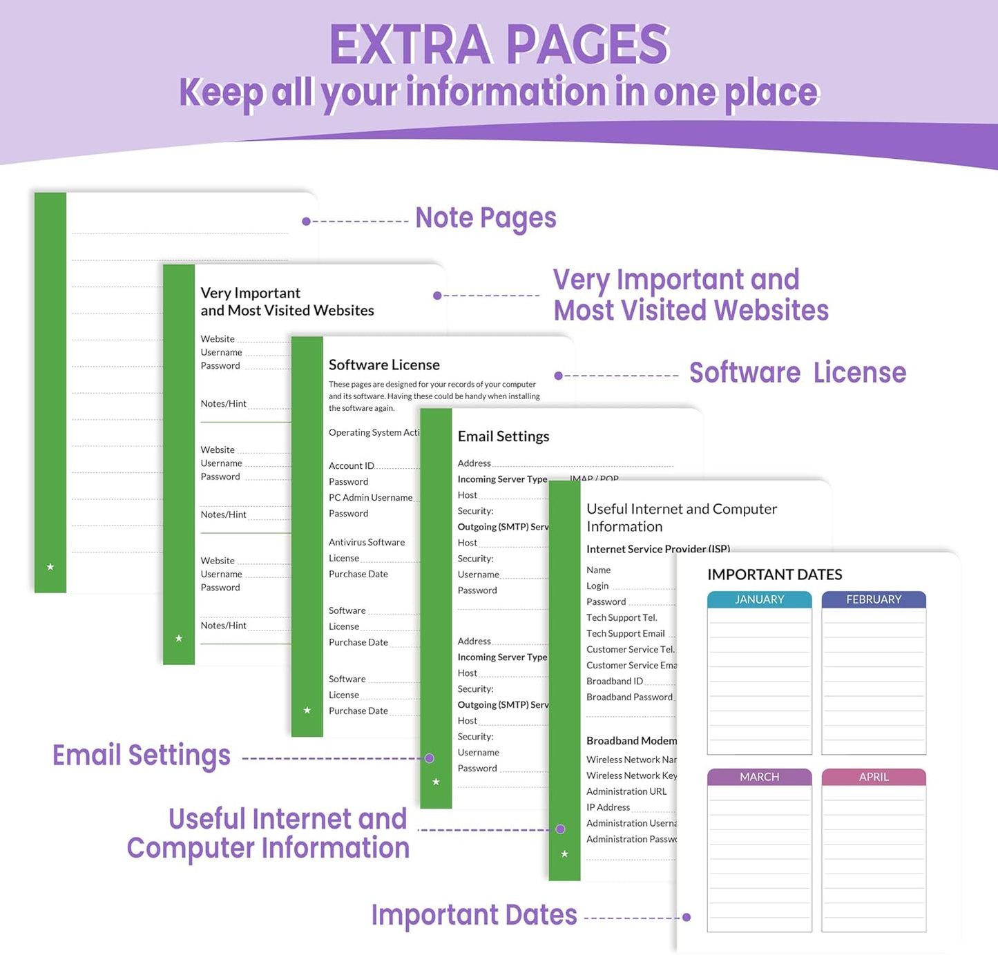 SUNEE Password Book with Colorful Alphabetical Tabs, Password Books for Seniors, Password Keeper Book for Computer and Internet Address Website Login, 5.3''x 7.7''- Purple