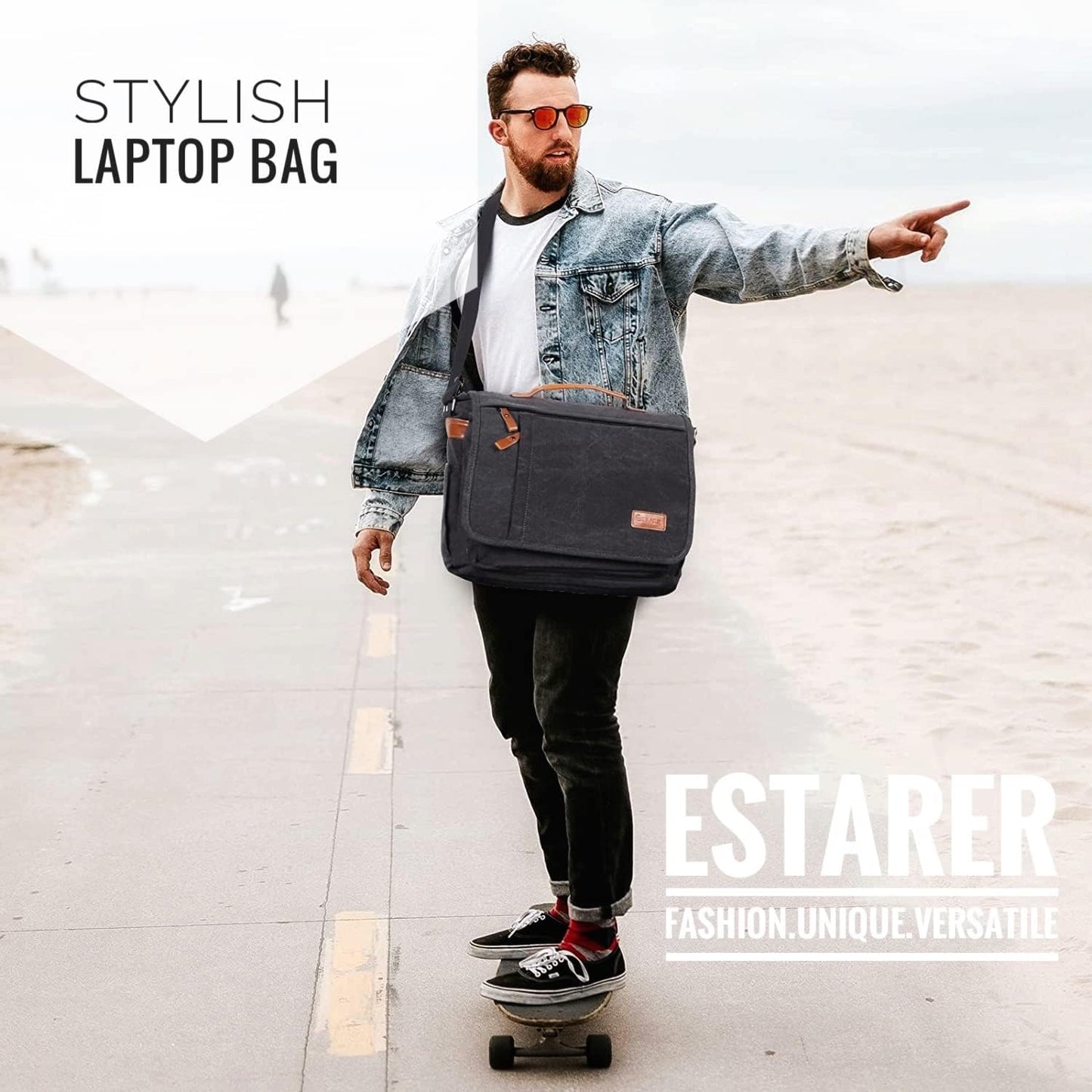 ESTARER Laptop Messenger Bag 17-17.3 Inch Water-resistant Canvas Shoulder Bag for Work College, Grey
