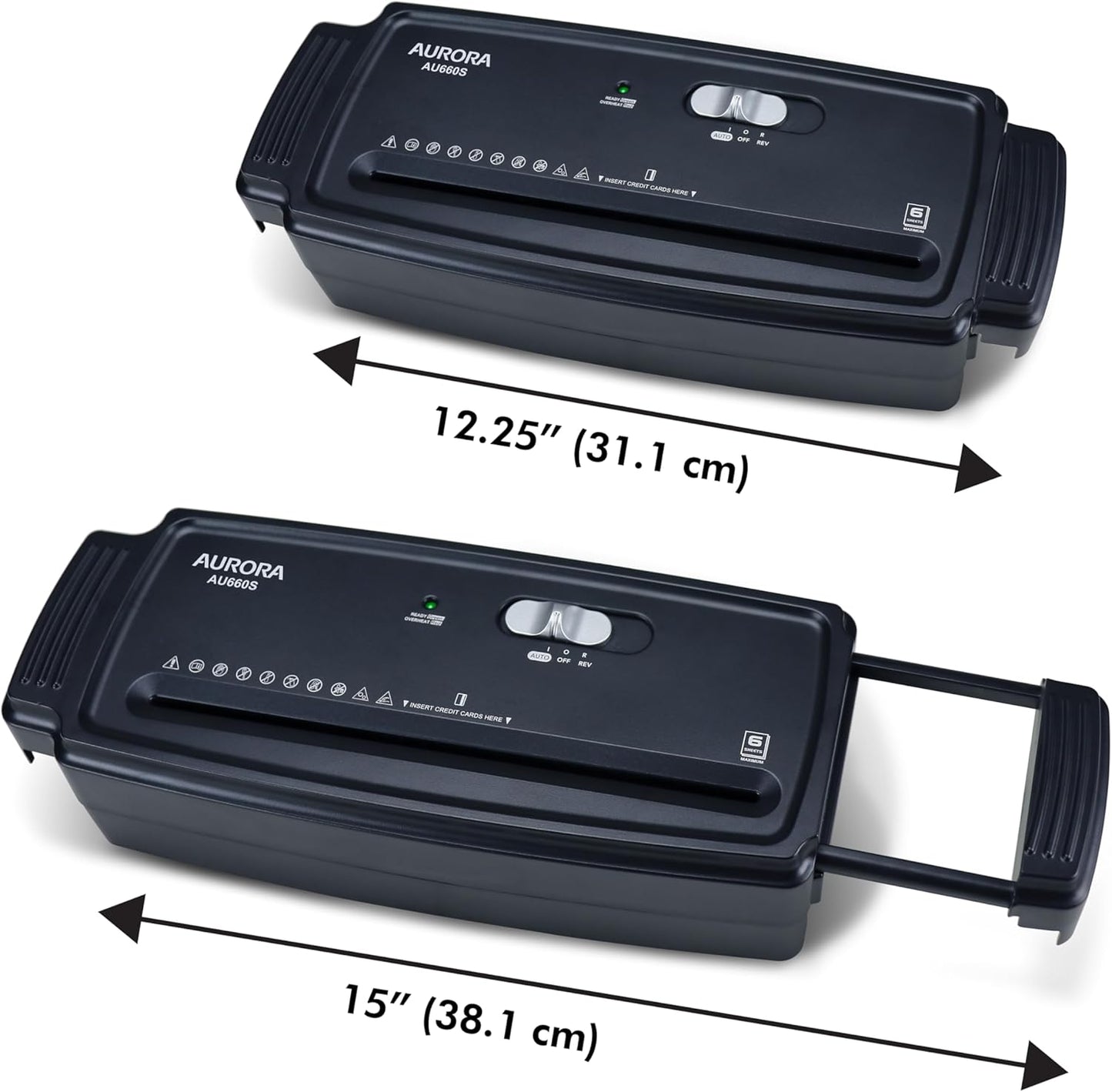 Aurora AU660S 6-Sheet Strip Cut Paper/Credit Card Shredder Without Wastebasket, Portable with Extendable Arm, Black