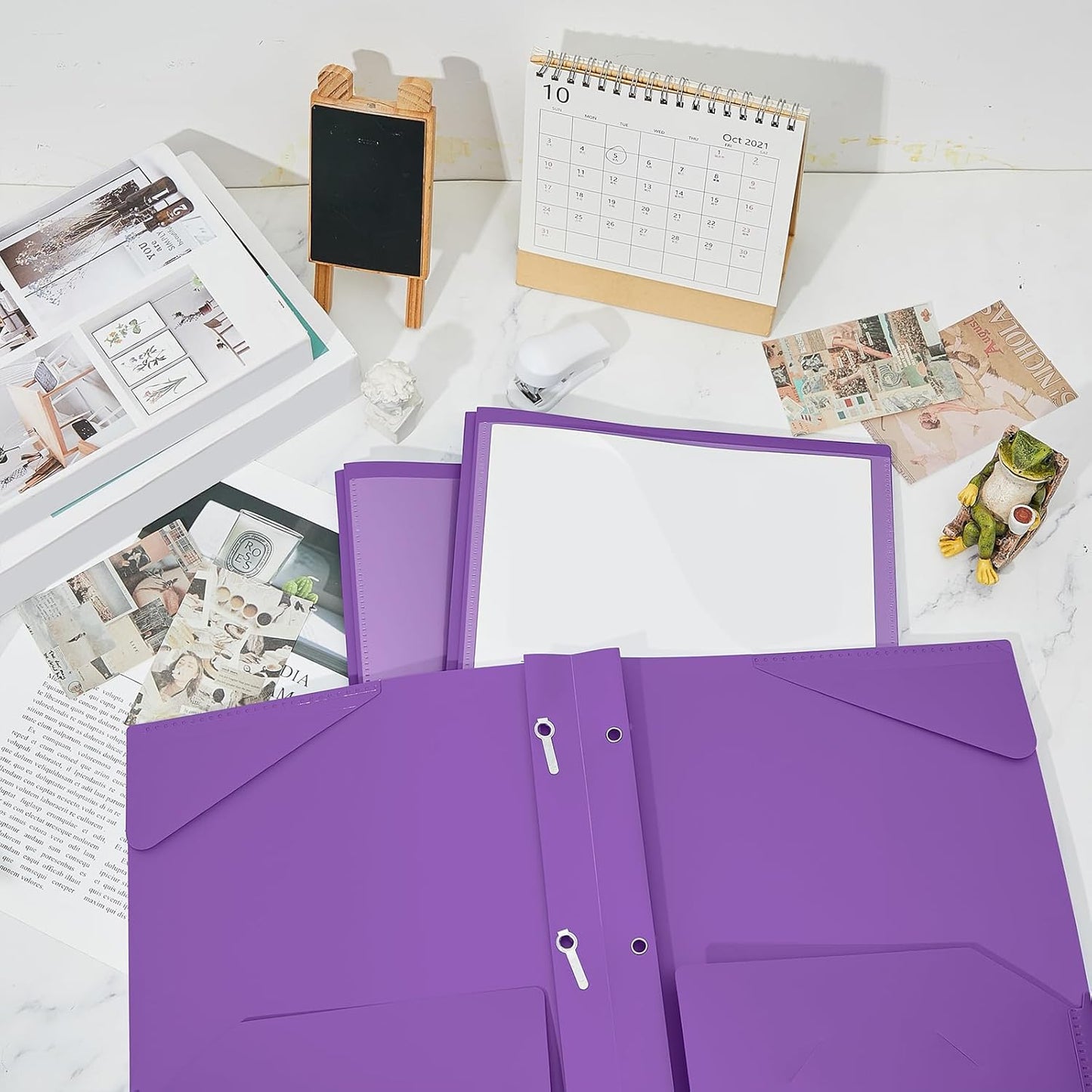 Henoyso 72 Pcs Plastic Folder with Clear Front Pocket and 3 Prong Plastic Folders with Card Slot Pocket Folders with Prongs for School Office (Purple)