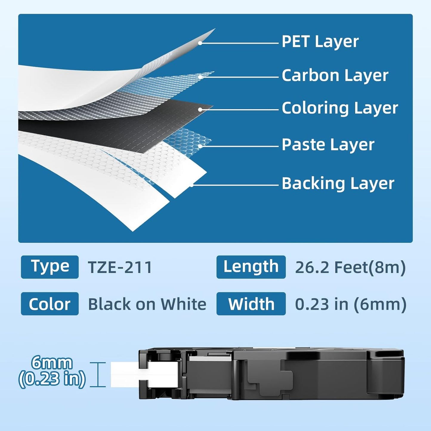 TZe-211 Compatible with Brother P Touch Label Tape 6mm 0.23 Inch Laminated Black on White 1/4 Inch TZe211 TZ-211 for Brother Label Maker PT-D220 PT-D210 PT-H110 PT-D400, 4 Pack