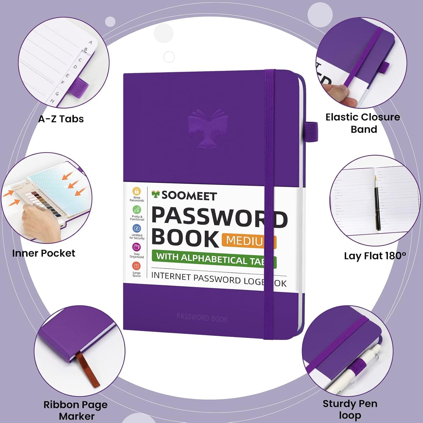 Password Book with Alphabetical Tabs, Hardcover Password Keeper, A5 Size 8.3"x6" Password Notebook for Saving Internet Login, Username, Password Organizer for Computer & Website Logins, Pruple