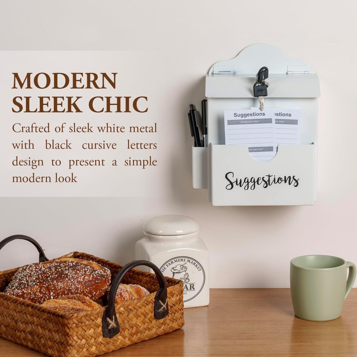 MyGift Classic White Metal Suggestion Box with Cursive Suggestions Lettering, Wall Mounted or Tabletop Comment Box with Lock, Keys, Paper Sheet and Pen Holder Slots