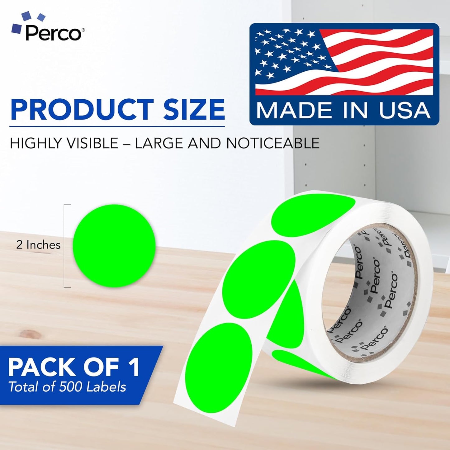 Perco Fluorescent Green 2-Inch Round Circle Dot Sticker Labels with Easy Peel Perforation - 500 Labels per Roll - Strong Adhesion, Vibrant Colors for Organizing, Crafting & More - Made in USA