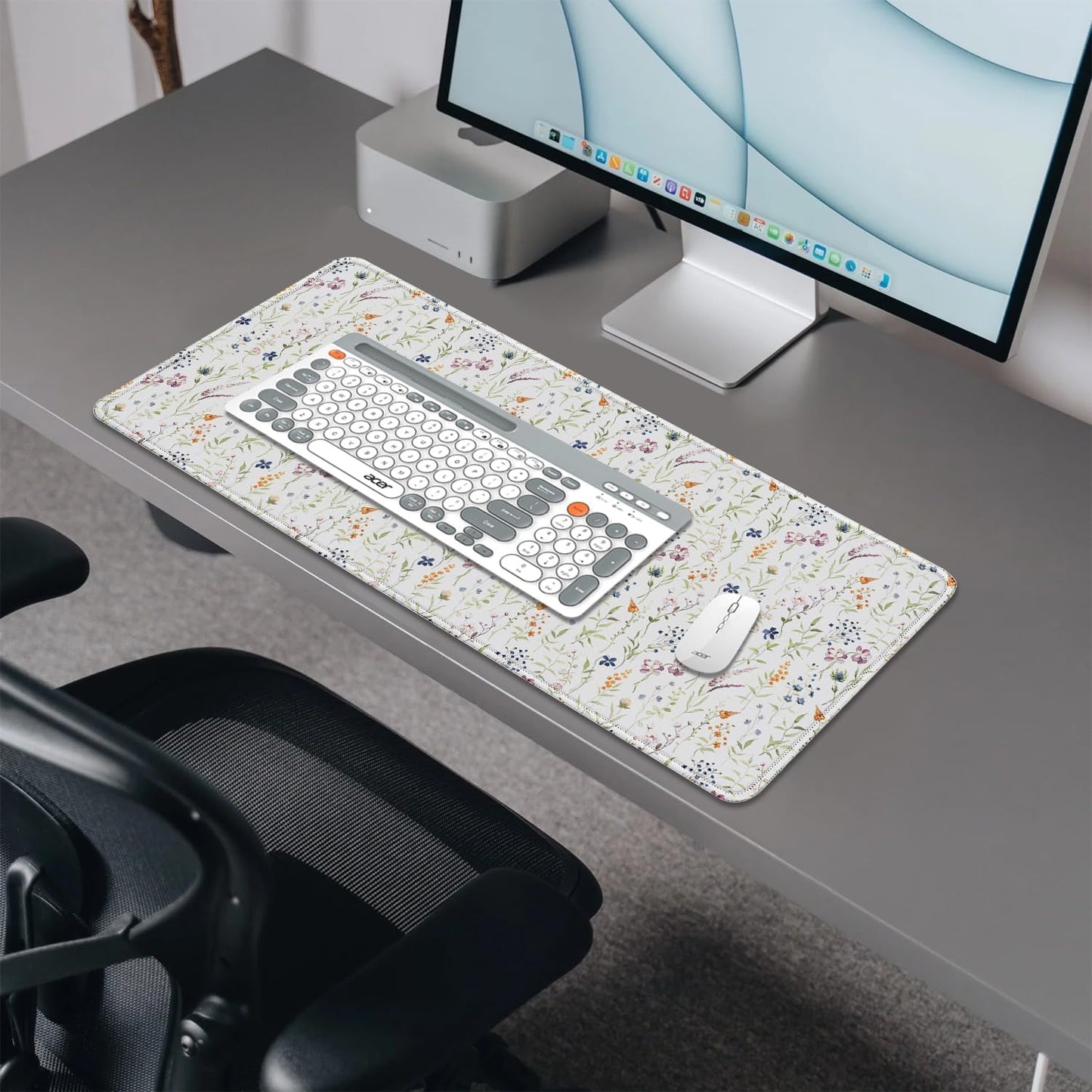 Wildflowers Flowers Mouse Pad,Large White Floral Mousepad Desk Pad with Stitched Edges,Non-Slip Waterproof Rubber Base Mouse Mat for Office Computer Keyboard Laptop Home(27.5x11.8 in)