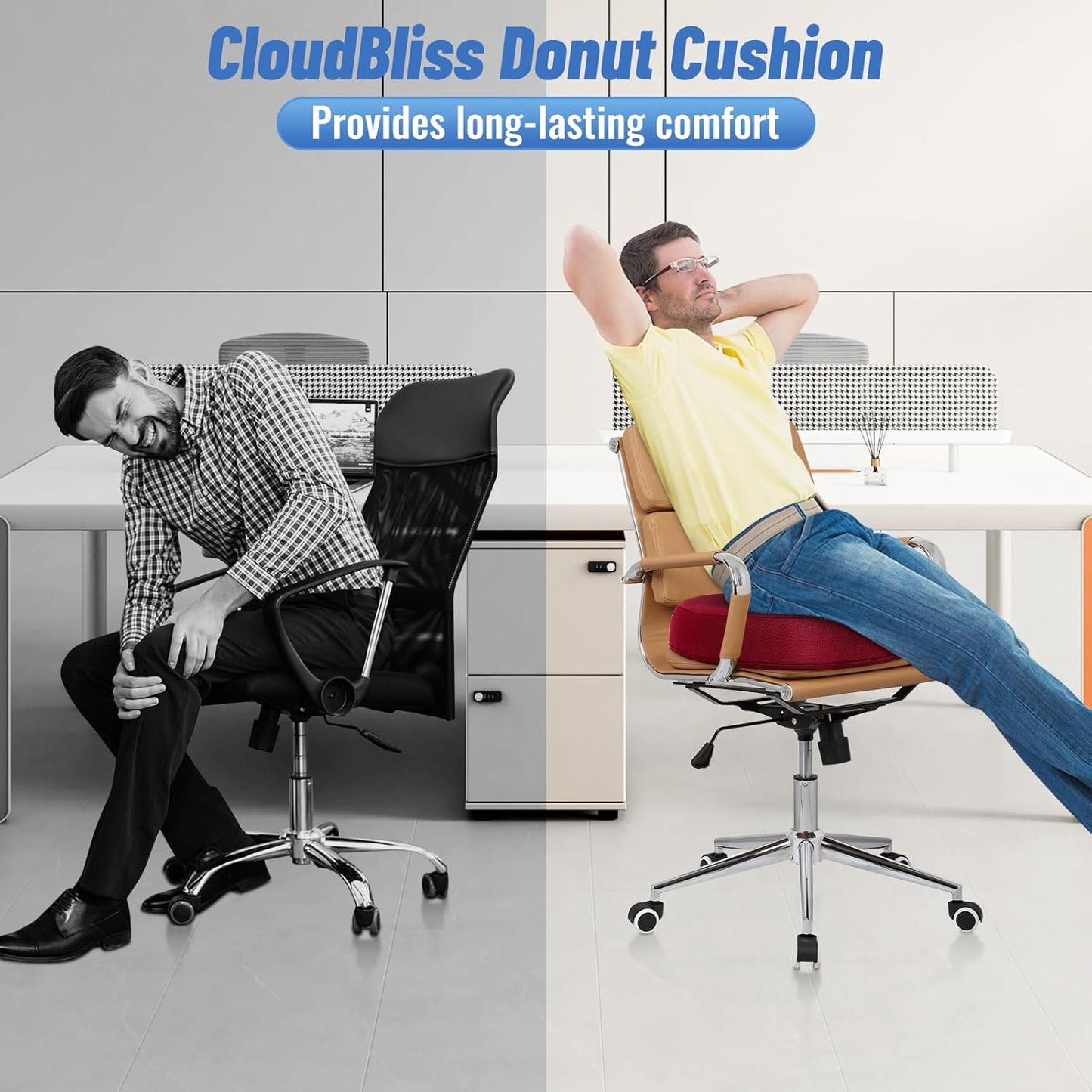 CloudBliss Donut Pillow Seat Cushion Chair Pad for Tailbone Pain Relief and Hemorrhoids, Memory Foam Seat Chair Cushion for Men and Women for Home & Office, (Red-XL)