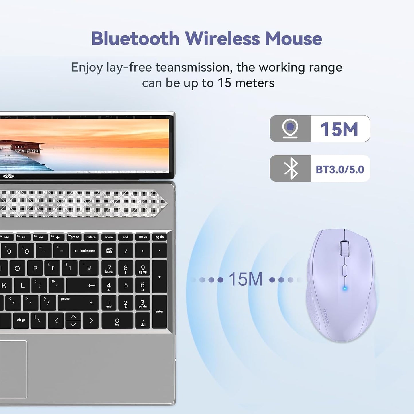 TECKNET Bluetooth Mouse, 4800 DPI Wireless Mouse, 2-Year Battery 6 Adjustable DPI, 6 Buttons Compatible with Laptop/Windows/Computer - Lavender