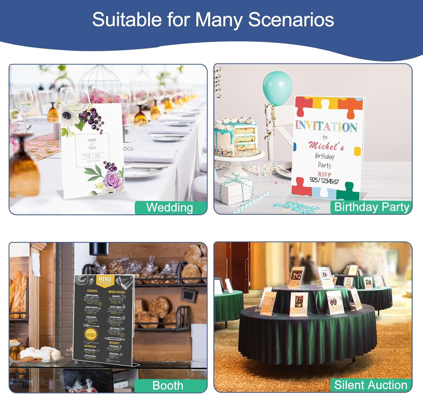 Slanted Back Acrylic Sign Holder 5 x 7, Clear Tabletop Sign Holder, Acrylic Stands for Display 5 x 7, Plastic Paper Sign Holder for Office, Home, Restaurant (6 Pack)