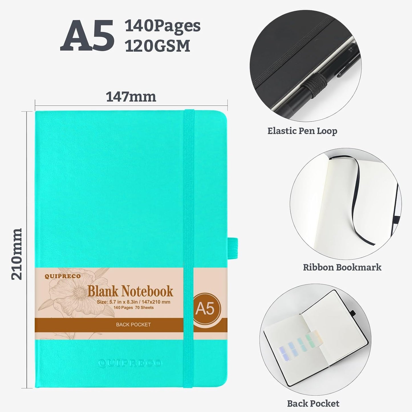 2Pack Blank Hardcover Sketch Book Notebook, A5 140 Pages 120Gsm Thick Journal for Drawing,School,Work,Diary，5.7''*8.3'',Turquoise