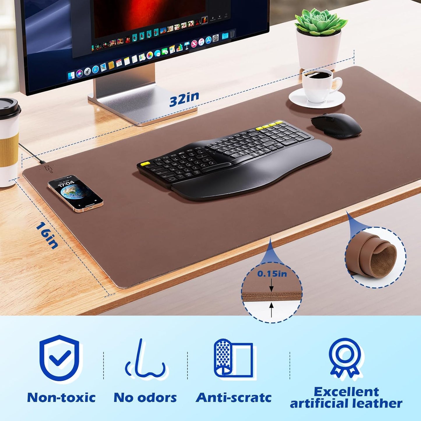 Wireless Charging Desk Mat with Desk Pad for Desktop Charging Large Mouse Pad Waterproof Leather Computer Mat Mouse Pad Non-Slip Protector on Top of Desks for Keyboard and Mouse (brown-l, 32*16inch)