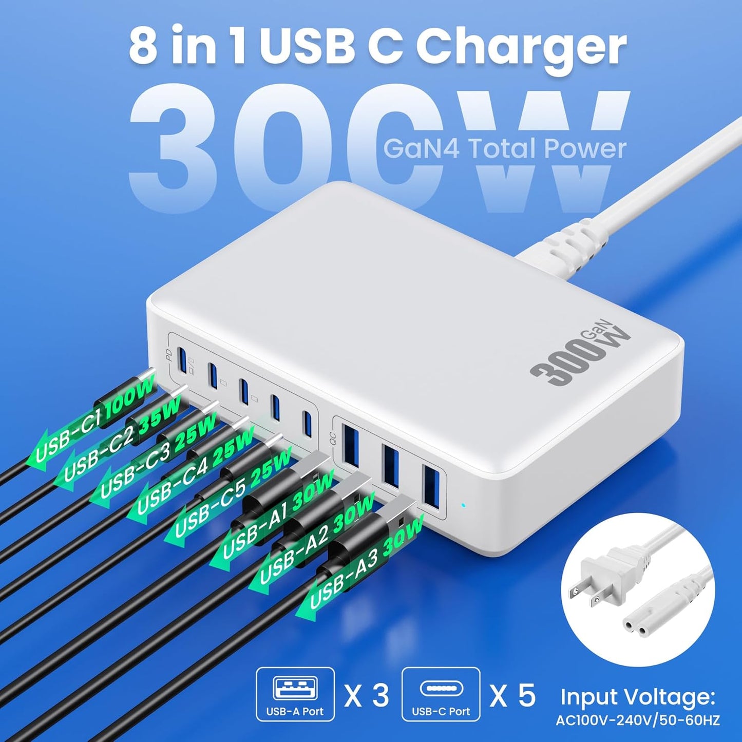 USB C Charger 300W USB C Charger Block 8-Ports GaN IV Fast Charging Station,PD 100W Laptop Charging Hub Wall Charge Adapter Compatible with MacBook/Air,DELL,Steam Desk,iPhone 16/15/14,Galaxy