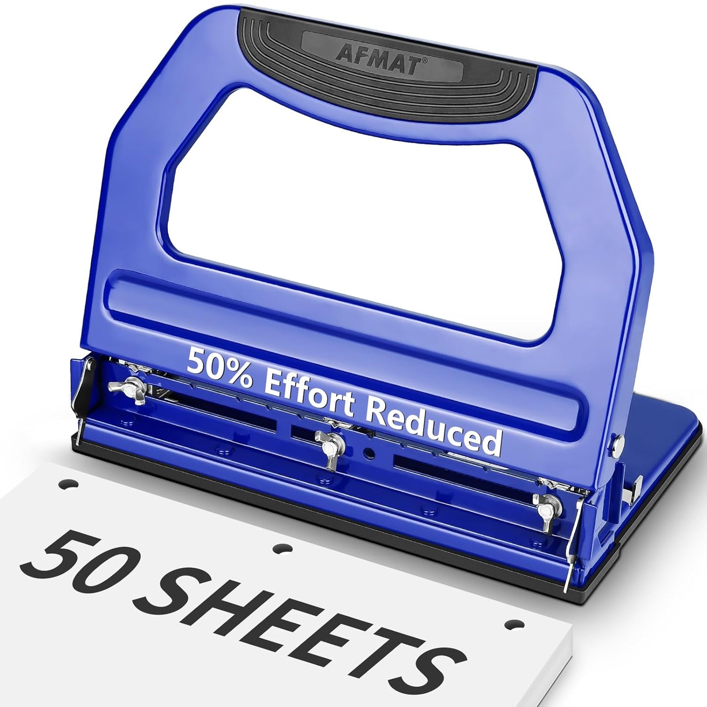 AFMAT 3 Hole Punch, Metal Heavy Duty Paper Punch with 50-Sheet Capacity and Removable Punch Heads for 2 Hole Punch Function, Large Chip Tray, Blue