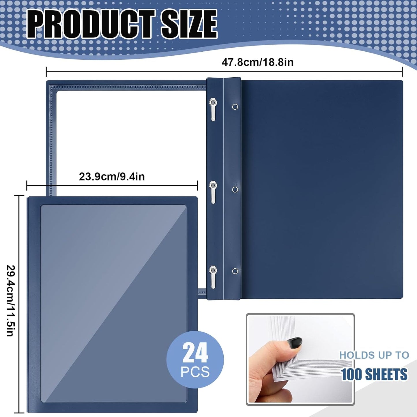 Teling 24 Pcs Report Covers with 3 Prong Fasteners Clear Front Presentation Folders Frame View Poly Report Folder Presentation Binder for Paper Document School Office (Dark Blue)