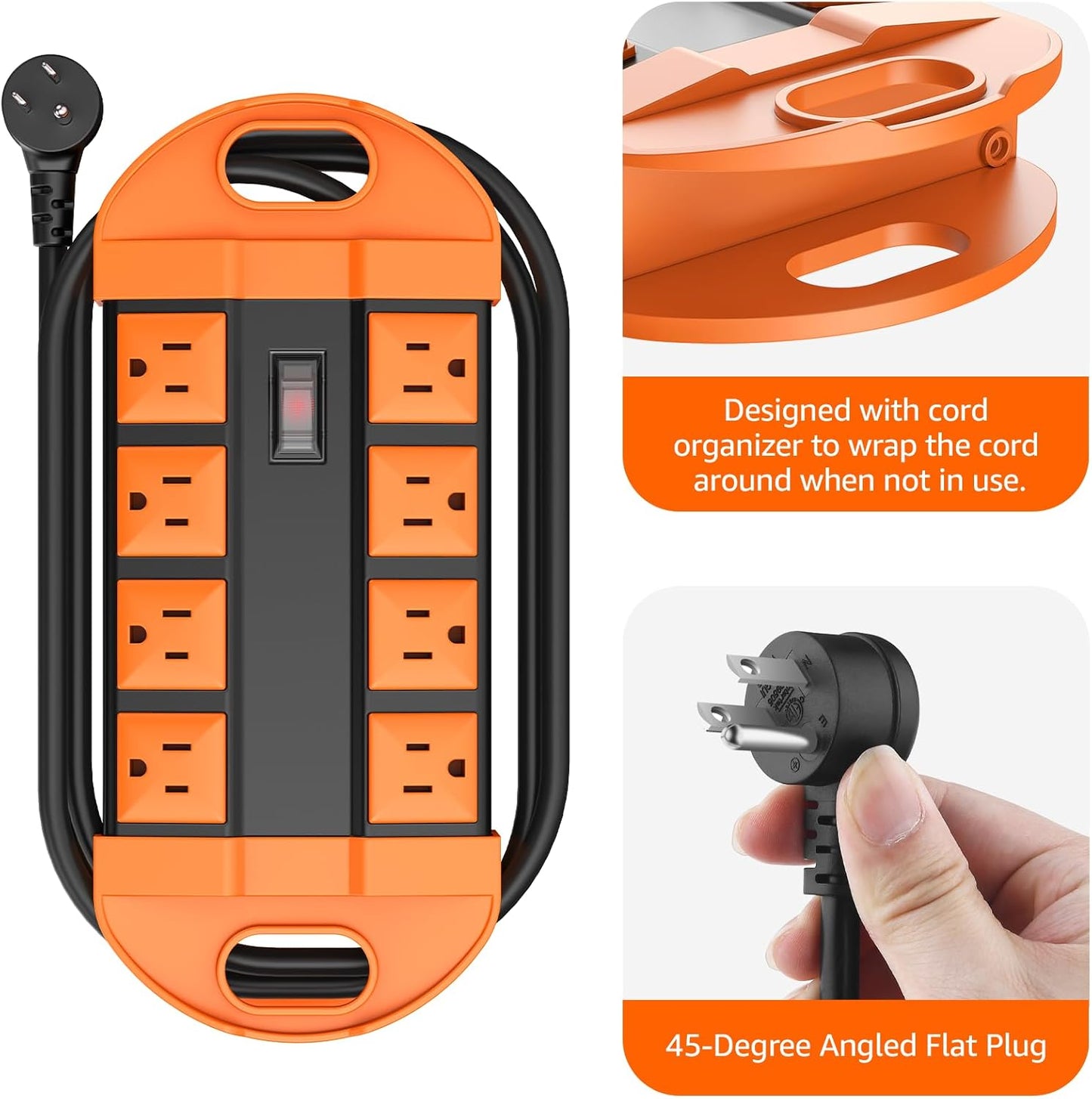 CCCEI Outdoor Power Strip Weatherproof with 8 Plug, Waterproof Extension Cord with Multiple Outlets, Christmas Exterior Garden Yard Surge Protector 15FT, Orange.