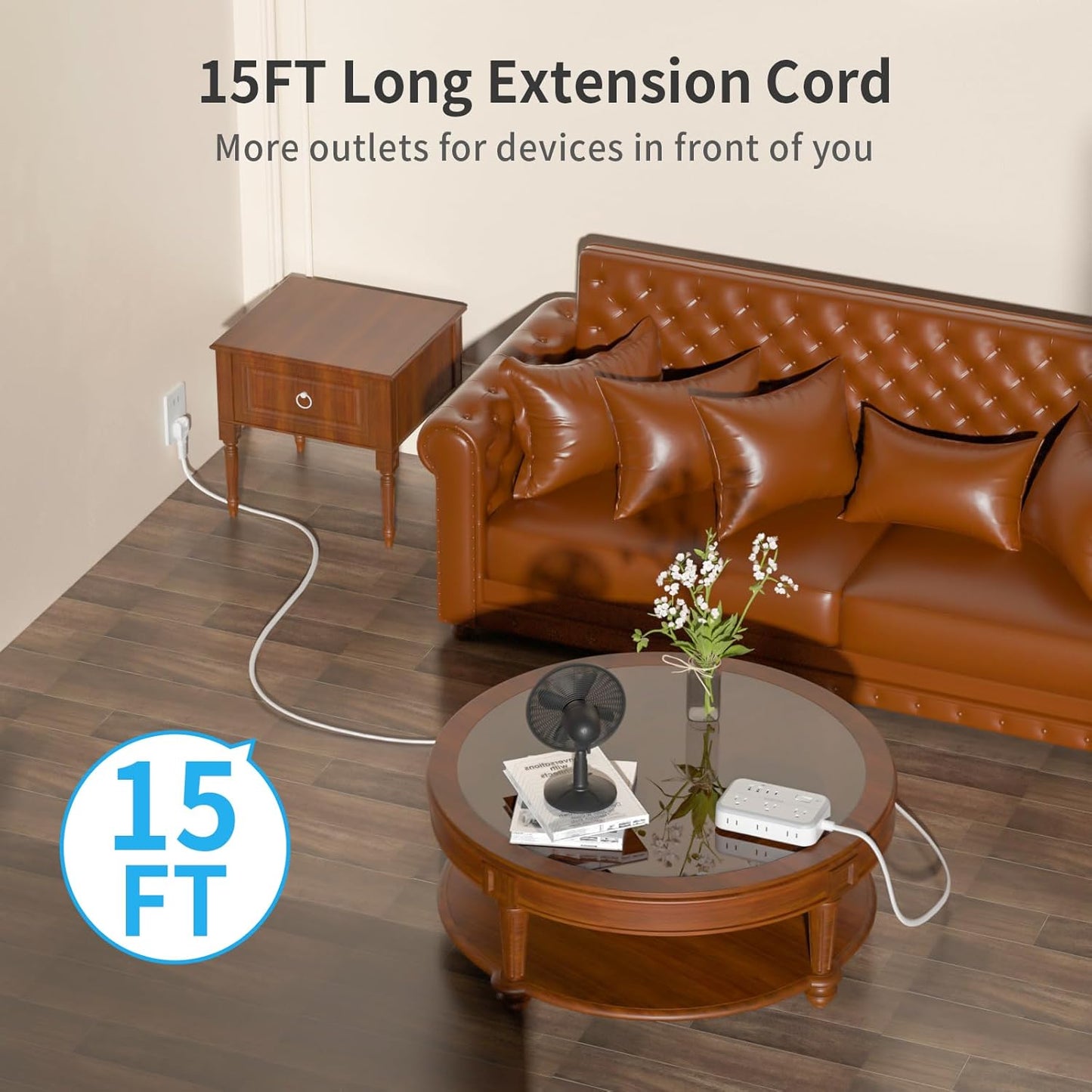 NTONPOWER Extension Cord 15 FT, 1875W Two Prong to Three Prong Outlet Adapter, 1080 Joules Surge Protector Power Strip, Rotating Plug 2 Prong Extension Cord with 4 USB Ports(2 USB C), for Old House