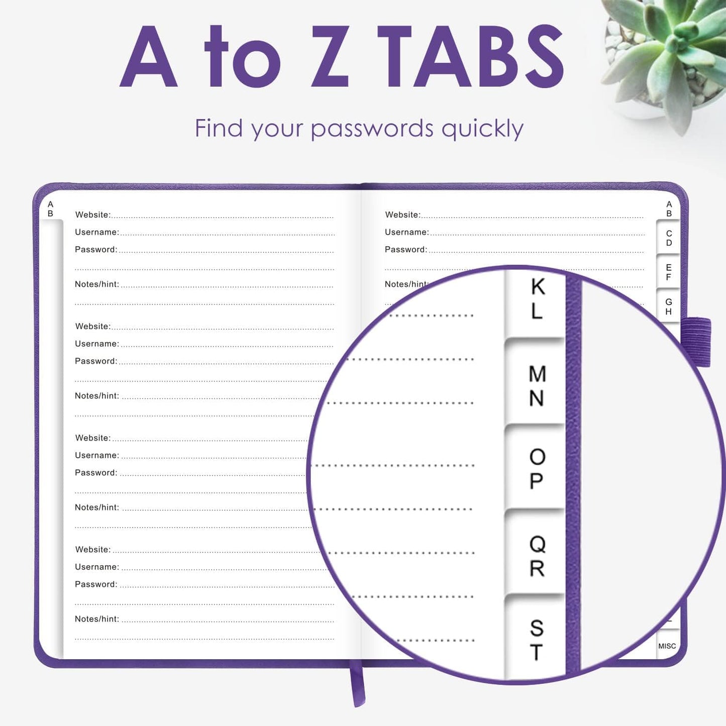 Elegant Password Book with Alphabetical Tabs - Hardcover Password Book for Internet Website Address Login - 5.2" x 7.6" Password Keeper and Organizer w/Notes Section & Back Pocket (Violet Purple)
