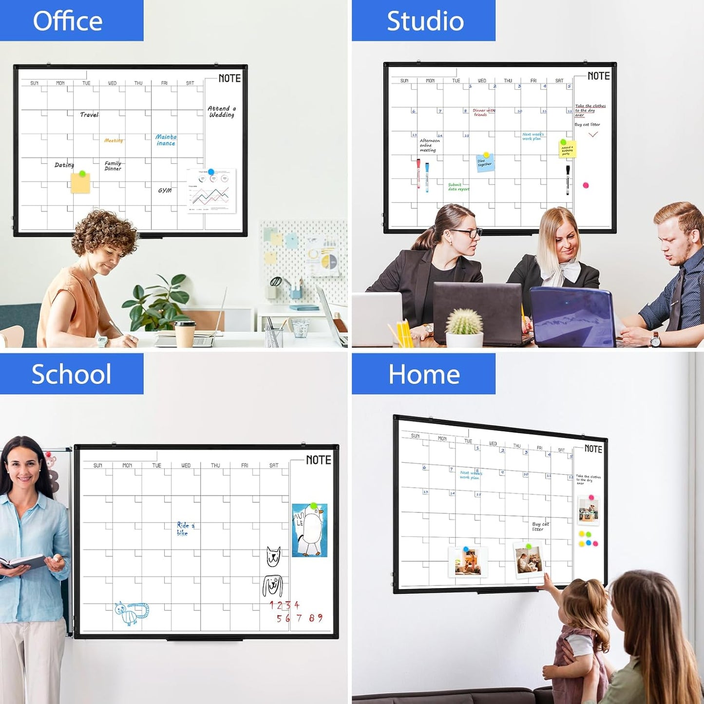 WALGLASS Dry Erase Calendar Whiteboard, 48" x 36" Monthly Large Dry Erase Calendar for Wall, Double-Sided Hanging White Board with Black Aluminum Frame for Home, School, Office, Kitchen