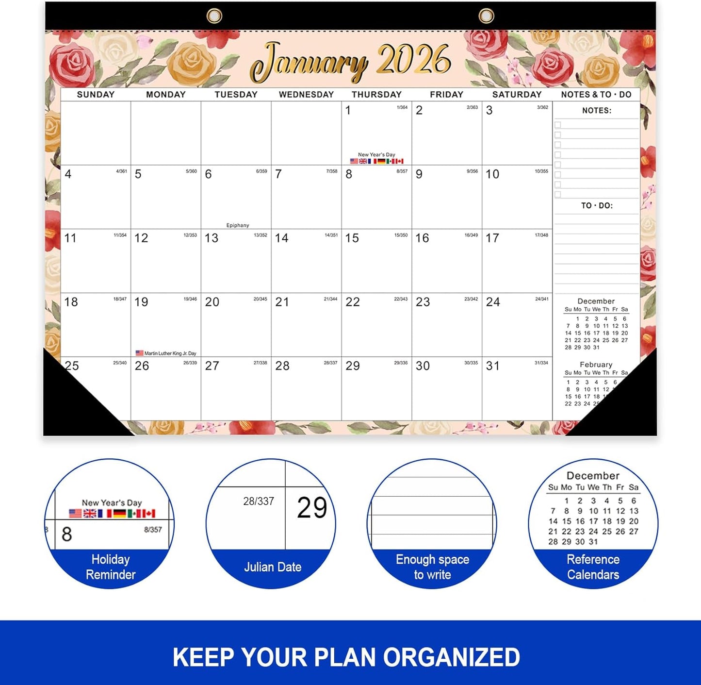 Comix 2026 Desk Calendar - 12x17 Inch, January 2026 to December 2026, 12 Months Calendar, Calendar Monthly Planner with Large Writing Blocks, Ideal for Home, School and Office, Watercolor Flowers