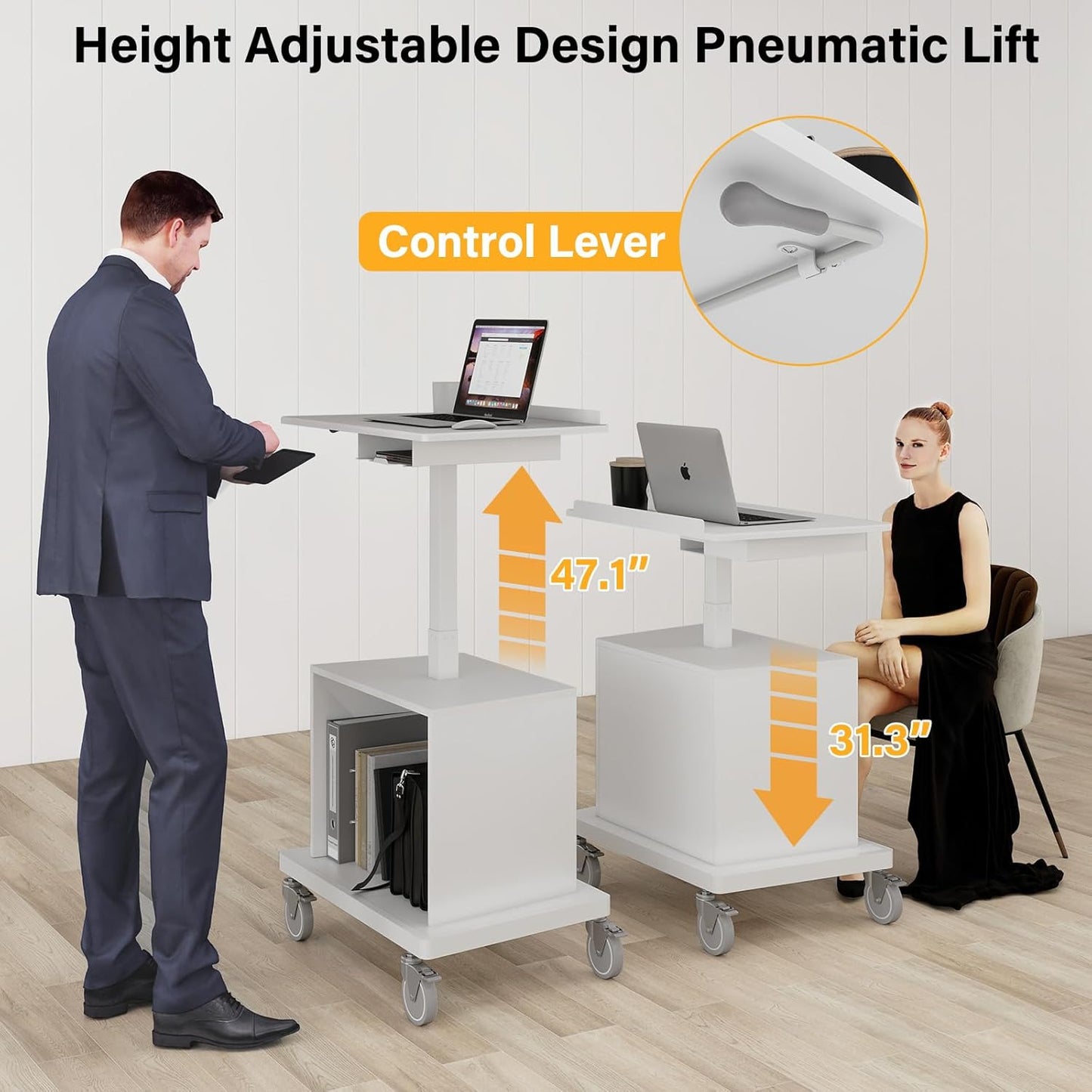 Natwind Mobile Workstation, Rolling Laptop Cart with Large Surface & Pneumatic Height Adjustable Design, for Medical Hospital Clinics, Office Presentation, Teachers Podium, with Drawer & Open Cabinet