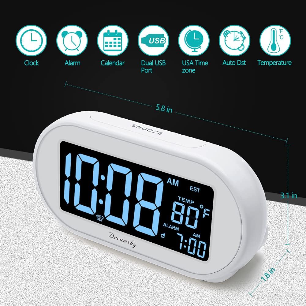 DreamSky Alarm Clocks for Bedrooms, Auto Set Digital Desk Clock for Bedside Nightstand, Electric Clock with Dimmable Brightness Dimmer, Auto DST, USB Port, Date, Temperature, Snooze