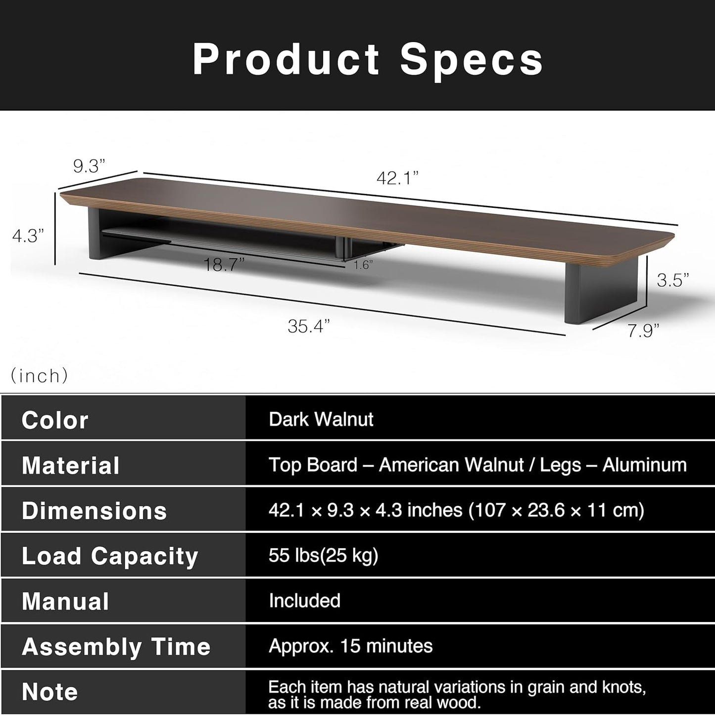 Walnut Dual‑Tier Monitor Stand for Modern Desk Setup – Minimalist Wooden Riser Shelf for Dual Monitors, Laptops, Home Office Aesthetic (Dark Walnut, Large)