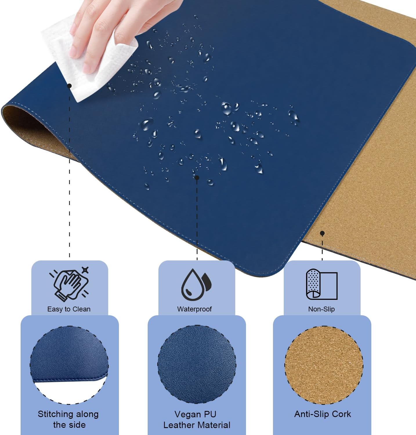 Large Desk Pad 35.4" x 17", Non-Slip Desk Mat with PU Leather & Natural Cork, Waterproof Writing Desk Natural Cork, Computer Mat Desk Protector for Office Home, Dark Blue