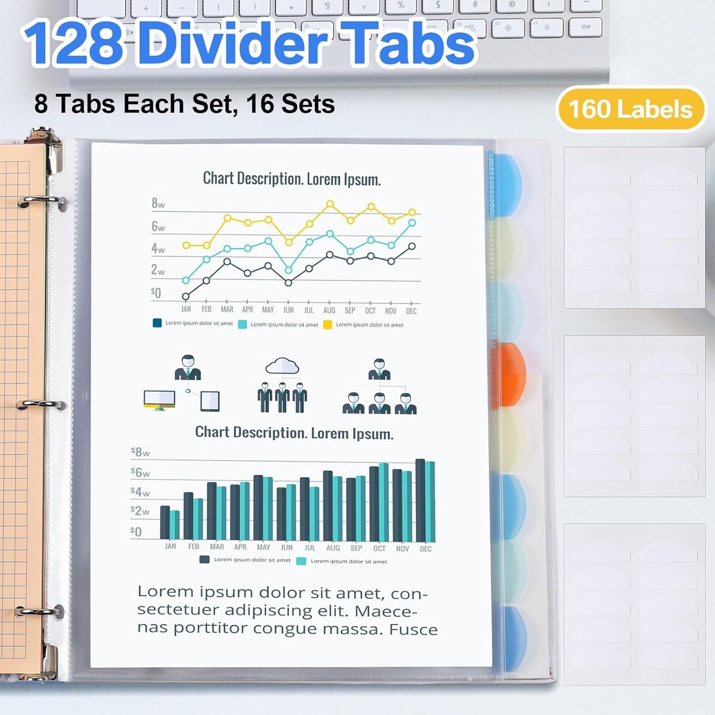 ReliThick 16 Set of 128 Pack Clear Binder Sheet Protectors with Tabs for 3 Ring Binder 8 Tab Binder Dividers with Pockets and Tabs Plastic Page Protector Insertable Index Divider, 8.5 x 11 Inch