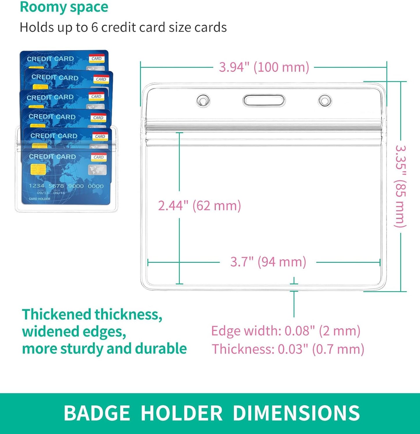 50 Pcs Horizontal ID Badge Holder, Clear Plastic Card Sleeve, Nurses Work Name Tag Holders, Key Cover Protector with Waterproof Zip for Lanyard, Fits Credit Size Cards