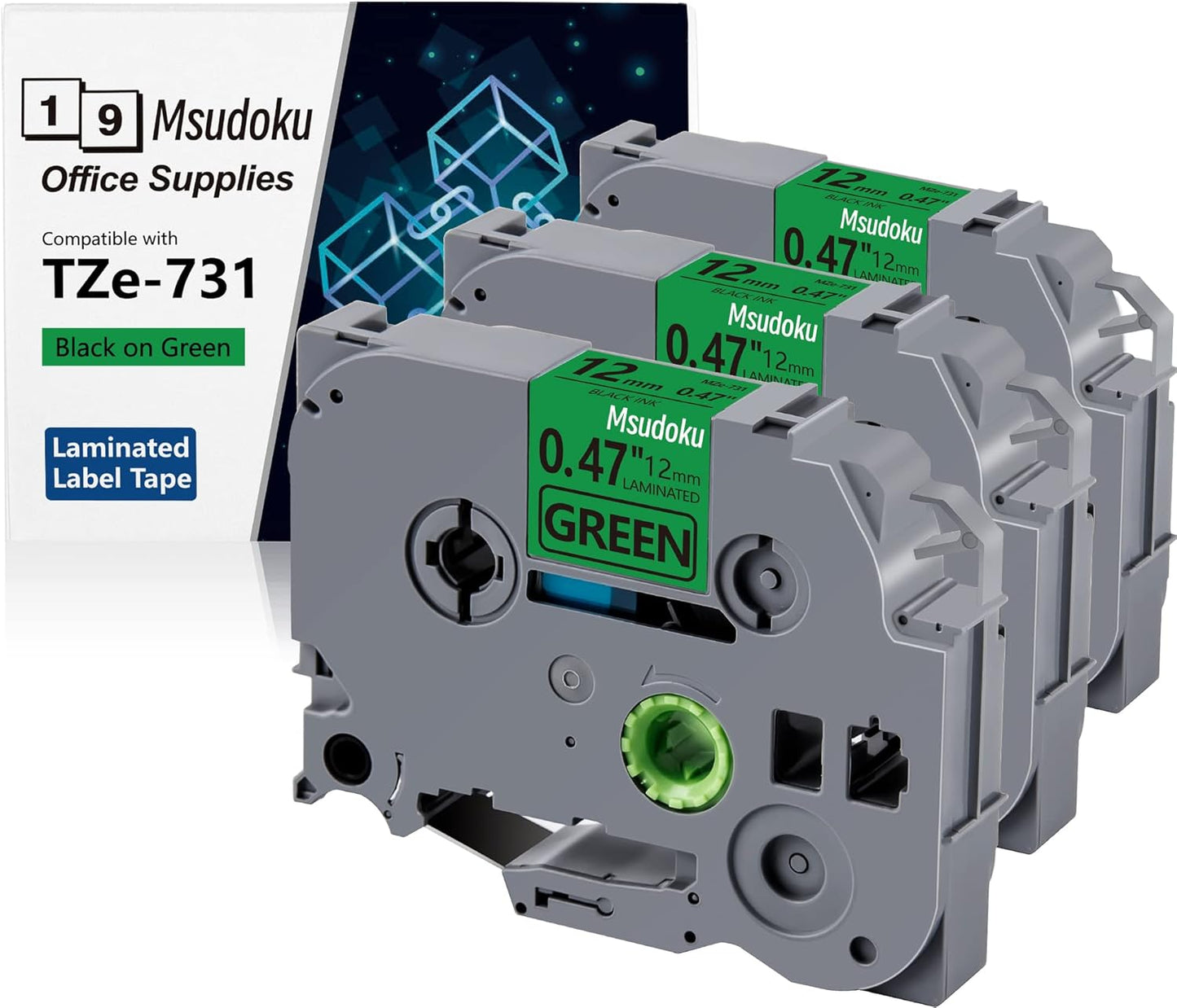 3-Pack Tze Tz Tape 12mm 0.47 Laminated Green TZe-731 TZe731 Label Tape Compatible for Brother P Touch Label Maker Tape for PT D200 D210 D220 D400 Cube, Black on Green, 1/2 Inch x 26.2 Feet