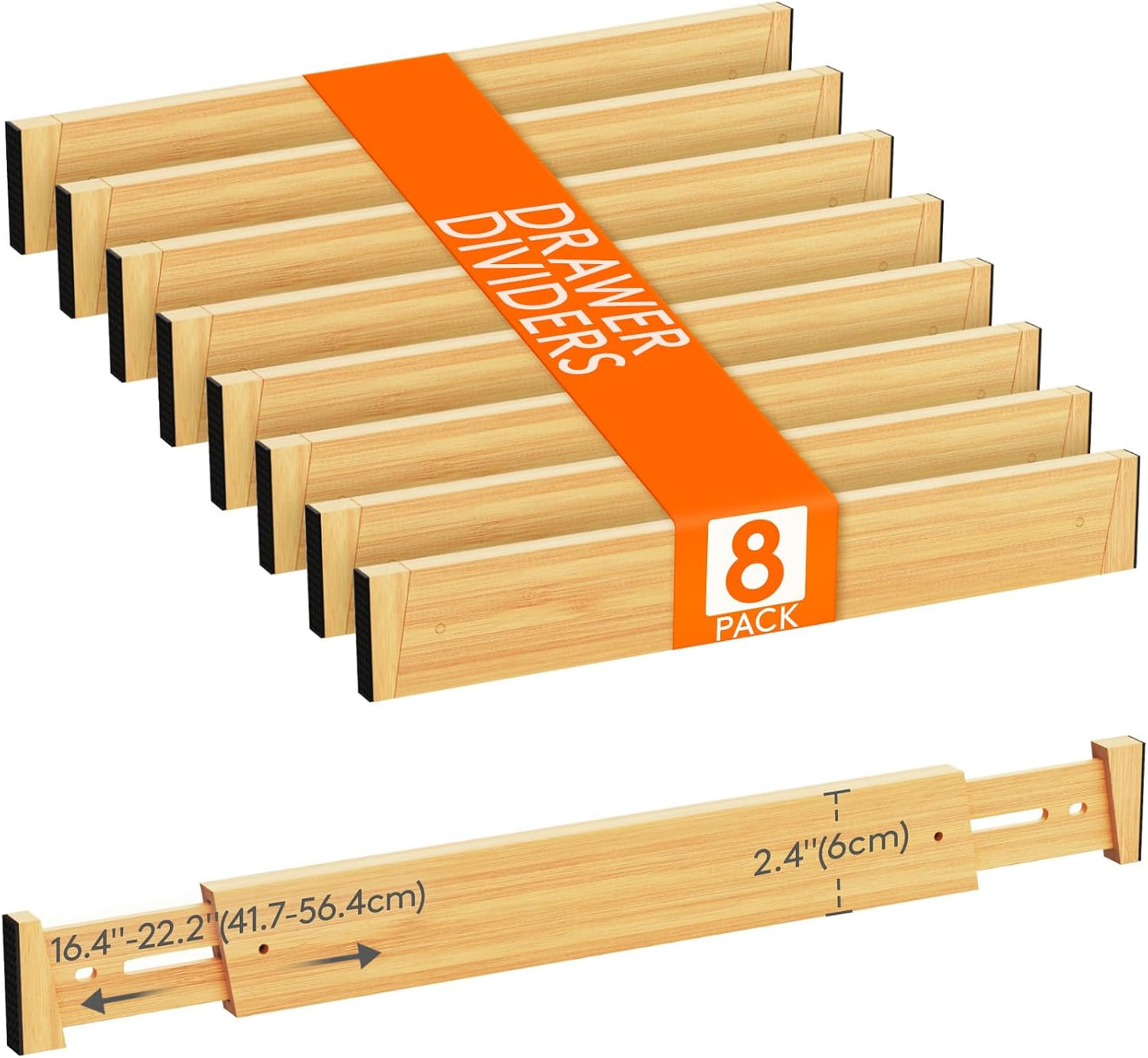 Lifewit 8 Pack Drawer Dividers Bamboo 2.4" High, 16-22" Adjustable Drawer Organizers for Clothes, Wooden Dresser Separators in Bedroom/Bathroom/Kitchen/Fridge/Office Organization and Storage