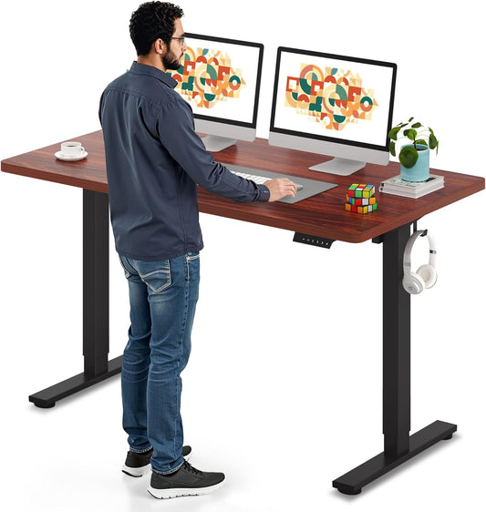 SANODESK Electric Standing Desk 55 x 28 Inches Whole-Piece Desktop Height Adjustable Stand Up Desk w/6-Button Controller Ergonomic Computer Desk for Home Office, Black Frame + Mahogany Tabletop