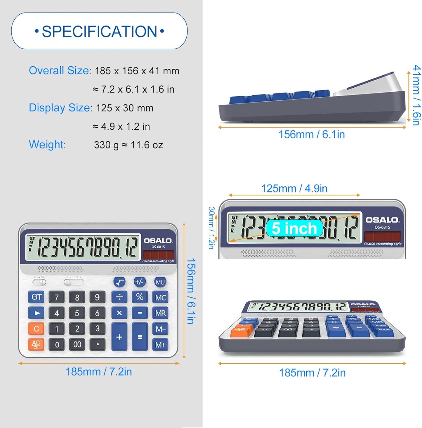 Desktop Calculator Extra Large 5-Inch LCD Display 12-Digit Big Number Accounting Calculator with Giant Response Button, Battery & Solar Powered, Perfect for Office Business Home Daily Use(6815-2pcs)