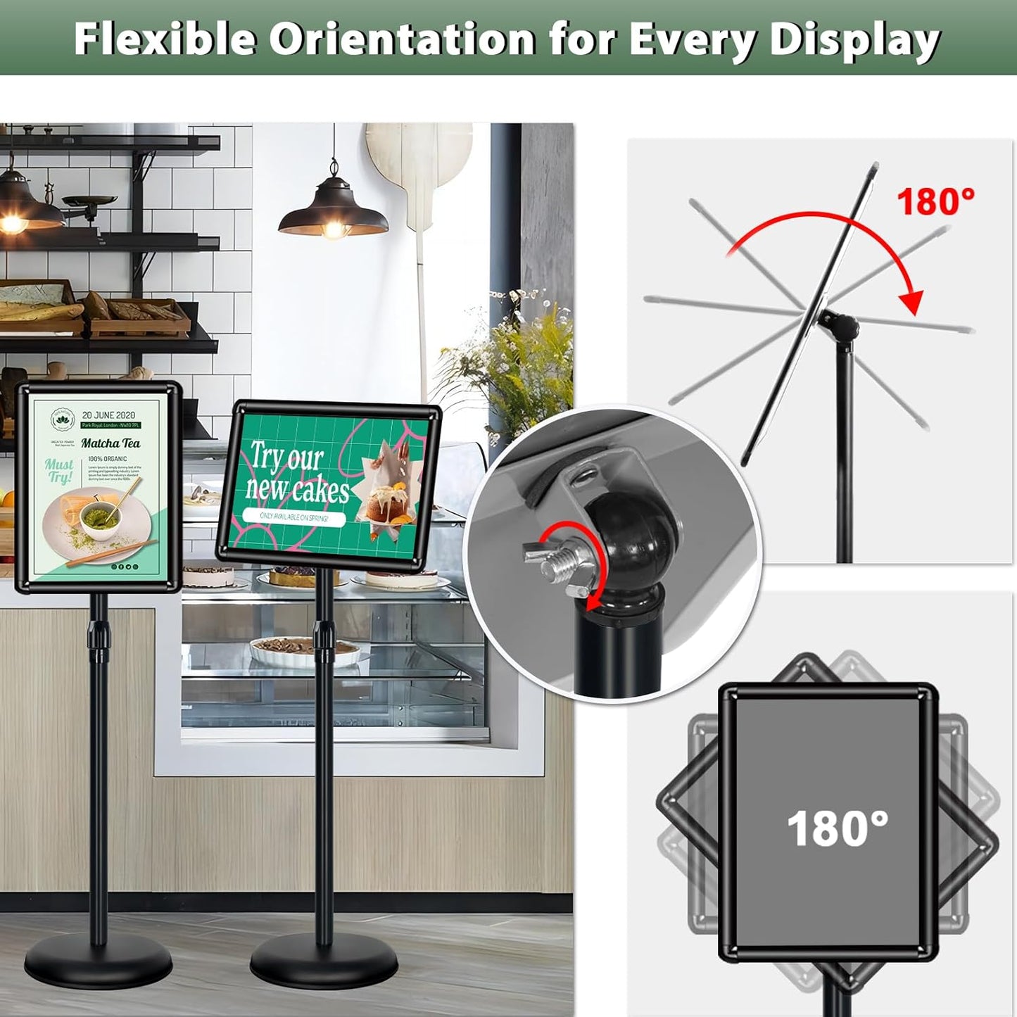11x17 inches Poster Stand Holder Adjustable Pedestal Floor Standing Sign Holder Vertical and Horizontal View Sign Display, Aluminum Snap Open Frame with Safety Corner, Black