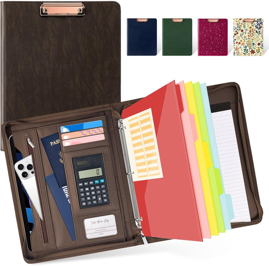 Ospelelf Zippered Portfolio Binder, Leather Clipboard Folder with Storage, 3 Ring Binder 1 Inch, 12.1” Tablet Sleeve, 5 Dividers with Pocket, Refillable Notepad, Card Slot (Brown)
