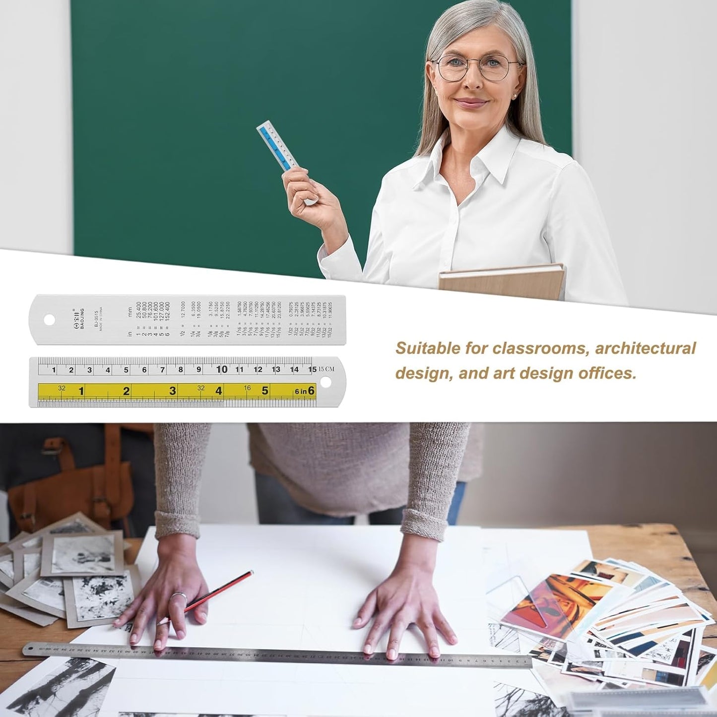 HARFINGTON 6pcs Metal Straight Ruler 15cm Metric SAE Aluminum Alloy Measuring Rulers Scale Tool with Hole for Measure Study Reading Classroom Office, Yellow