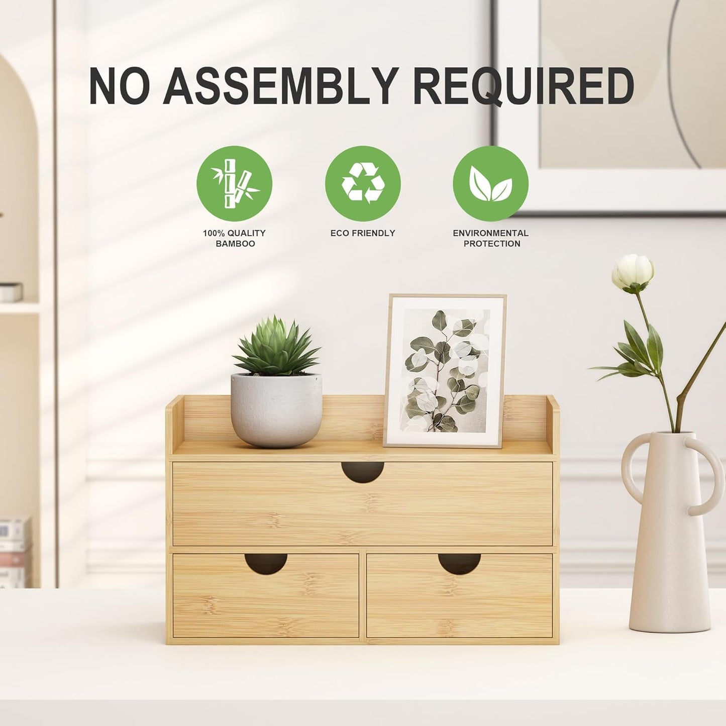 Bamboo Desk Organizer with Drawers Small Desktop Drawers for Countertop Mini Tabletop Storage Container with Drawer for Home Office No Assembly Required