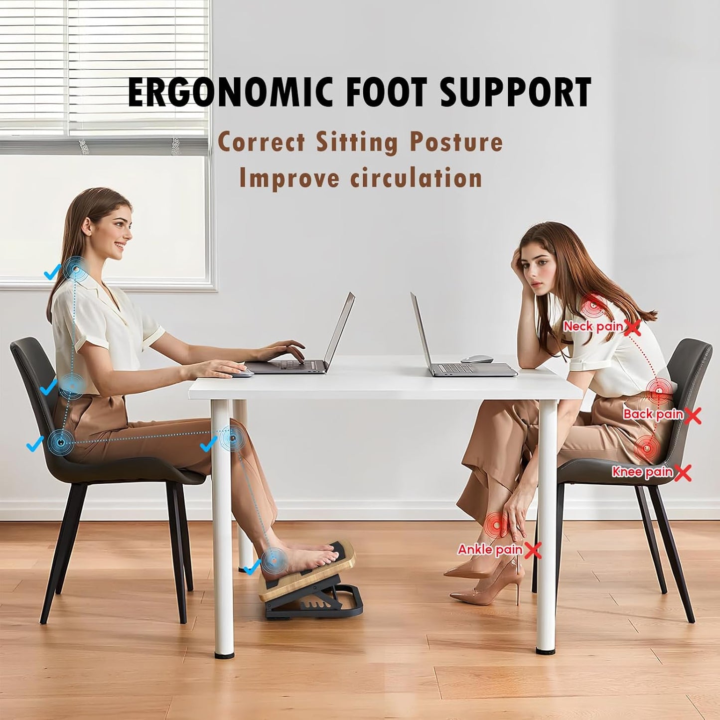 Foot Rest for Under Desk at Work, Ergonomic Wooden Desk Foot Rest with 7 Adjustable Angles, Anti-Slip Footrest Comfortable Foot Stools for Office Leg Rest, No Assembly