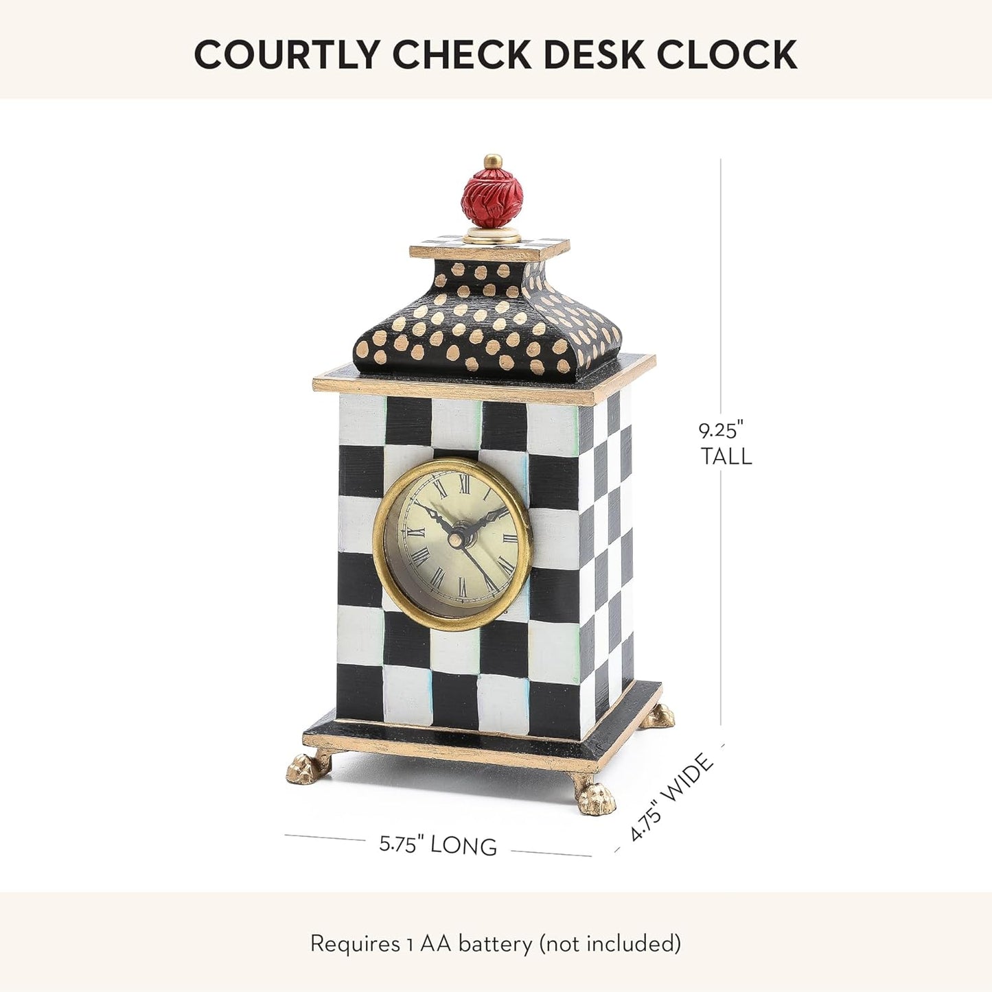 MACKENZIE-CHILDS Desk Clock, Decorative Wood Clock for Kitchen and Living Room, Black-and-White Courtly Check