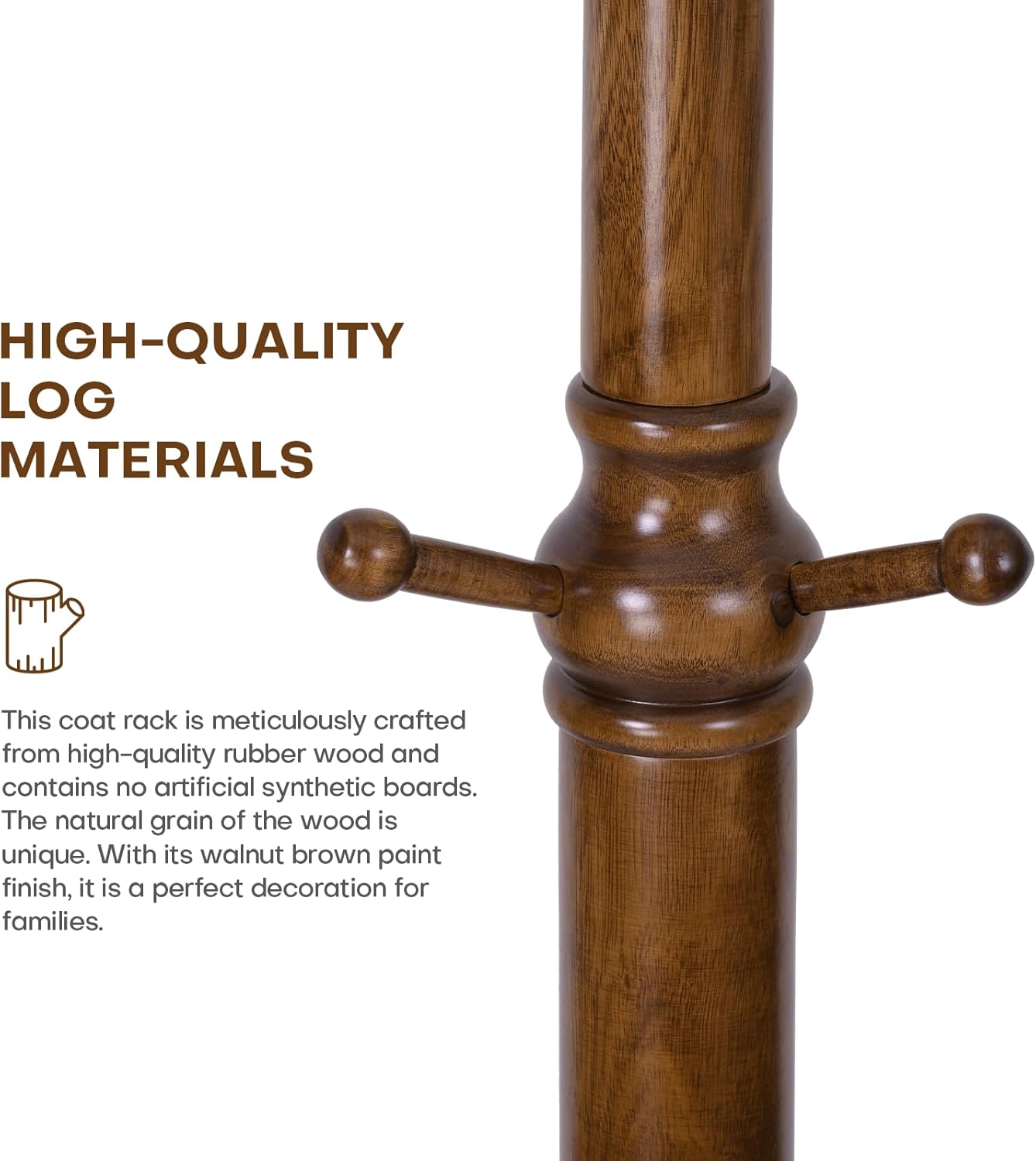 Wood Coat Rack Coat Tree Freestanding with Hooks, Heavy Duty Standing Coat Rack with Solid Round Base, 74” Tree Shaped Coat Hanger Stand for Clothes, Hat, Jacket, Entryway Bedroom, Walnut